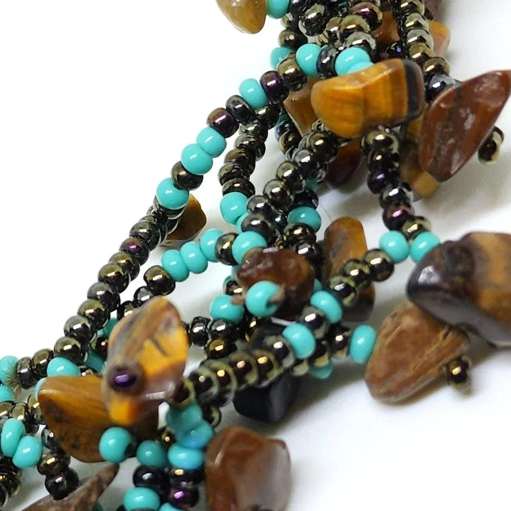 Artisan Turquoise Amber Tiger Eye 6 Strand Beaded Statement Collar Necklace